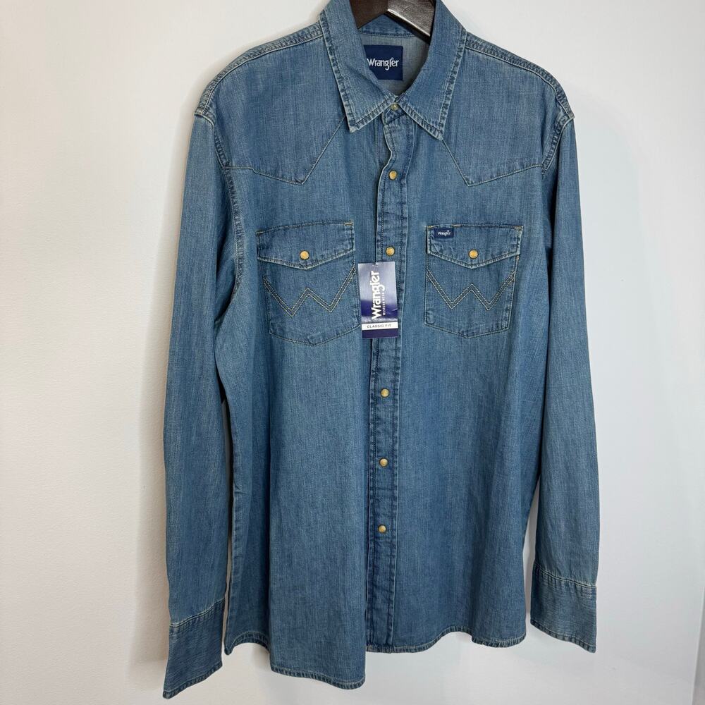Wrangler Men's Classic Denim Western Snap Denim Shirt Mid Wash Rodeo Rancho XL - Picture 10 of 14